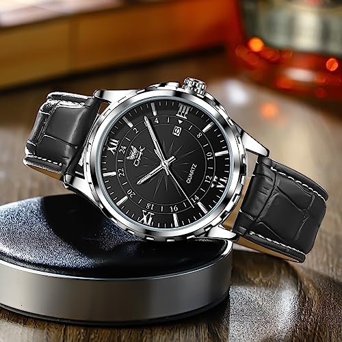 OPK Watch for Man Black Leather Strap Black Large Dial Waterproof Date Casual Wristwatch - Image 3