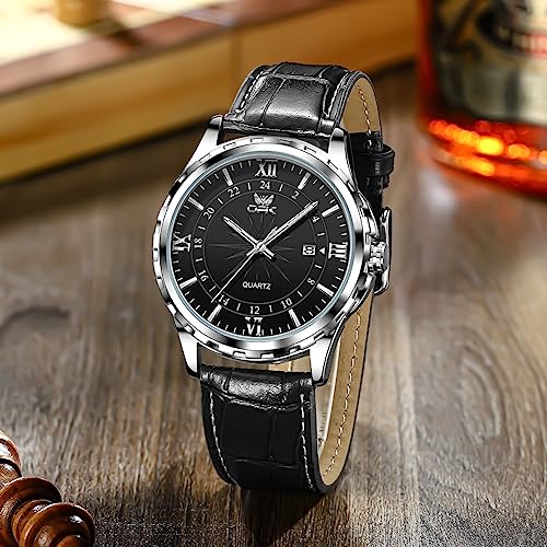 OPK Watch for Man Black Leather Strap Black Large Dial Waterproof Date Casual Wristwatch - Image 2