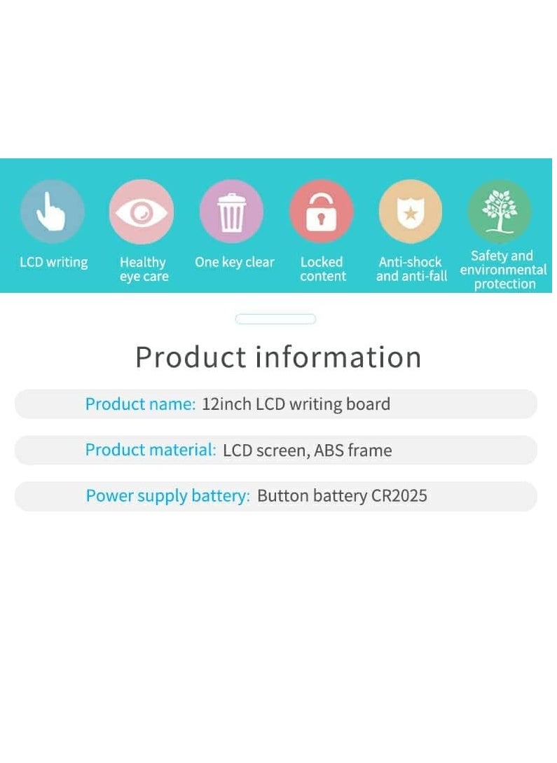 null - تابلت كتابة LCD مقاس 12 بوصة للأطفال والكبار، تابلت رسم رقمي ولوحة رسومات الشعار المبتكرة مع قفل حذف (أخضر متعدد الألوان) - Image 1