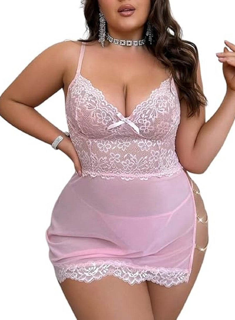 لانجيري جذاب لانجرى انيق لانجرى بيج سايز بنمط فستان شفاف مزين بورود مع اكسسوريز لاطلاله مفعمه بالتالق بيبى دول قصير قميص نوم كود 702 - Image 1