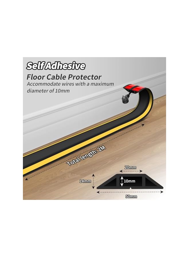 promass Floor Cable Cover, 2M, Black and Yellow, 50 x 14mm, Self-Adhesive, Industrial, Cable Protector, Cord Organizer, Trip Hazard Prevention - Image 2