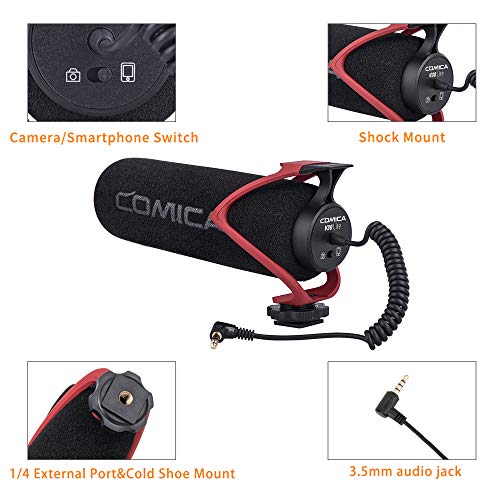 comica CVM-V30 LITE Video Microphone Super-Cardioid Condenser On-Camera Shotgun Microphone for Canon Nikon Sony Panasonic Camera/DSLR/iPhone Samsung Huawei with 3.5mm Jack (Red) - Image 4