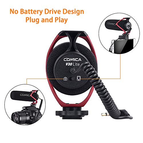 comica CVM-V30 LITE Video Microphone Super-Cardioid Condenser On-Camera Shotgun Microphone for Canon Nikon Sony Panasonic Camera/DSLR/iPhone Samsung Huawei with 3.5mm Jack (Red) - Image 2