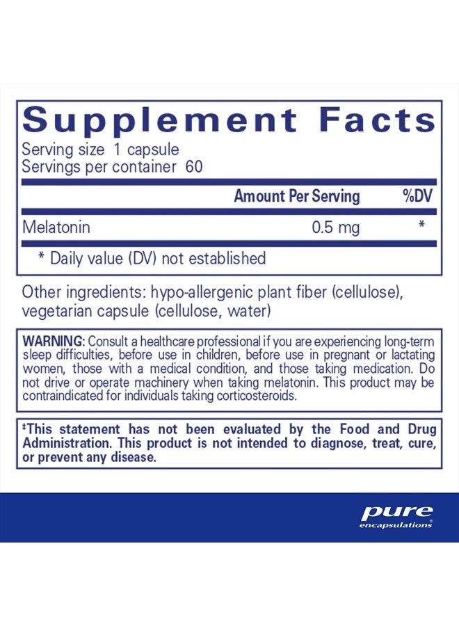 Pure Encapsulations Melatonin 0.5 mg - Natural Sleep Helper for Bedtime - Regulates Sleep-Wake Cycle - 0.5 mg Melatonin - Sleep Supplement* - Vegan & Non-GMO - 60 Capsules - Image 2