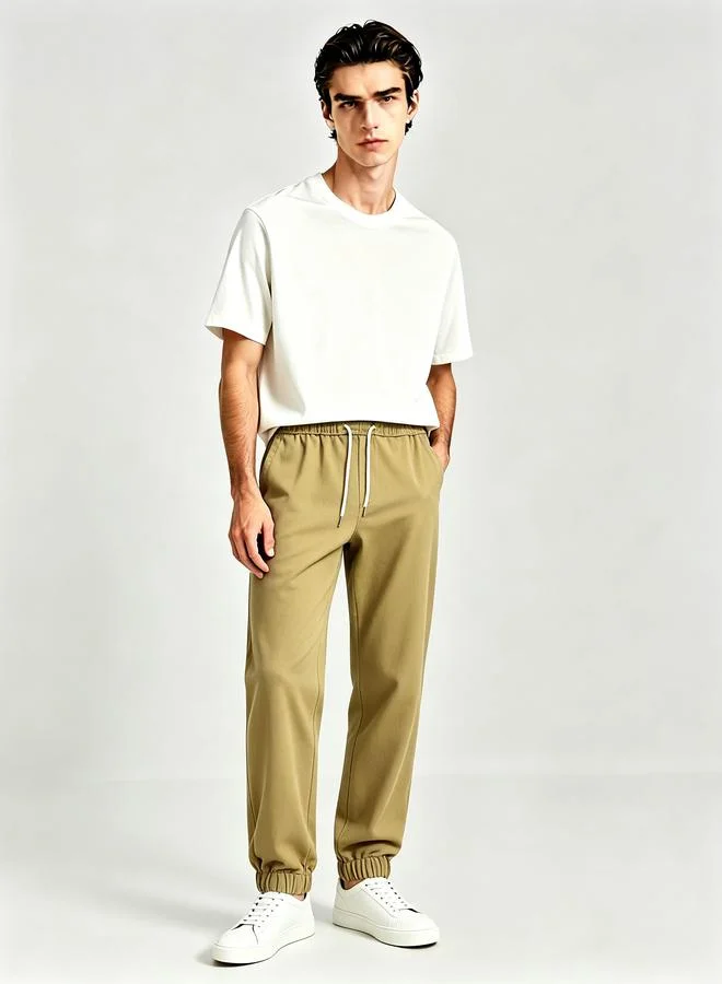 Take Two Men Beige Elastic Waist Jogger Trousers