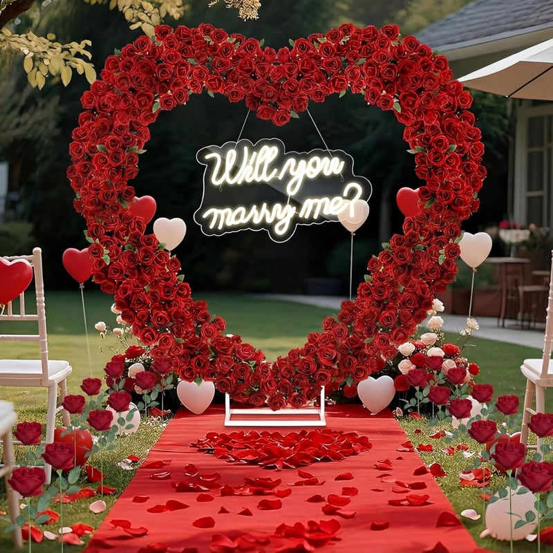 Kittmip Proposal Decorations Kit Will You Marry Me LED Neon Light Metal Heart Stand Carpet 2000 Rose Petals 30 Artificial Roses for Proposal Engagement (Rose on The Stand Not Include)(Red) - Image 1