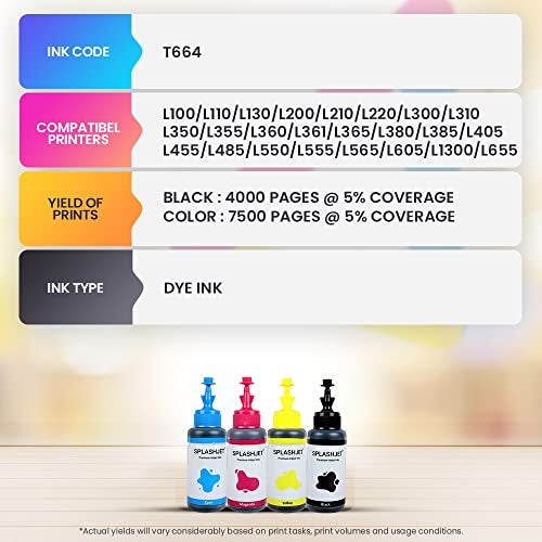 Splashjet T664 Compatible Refill Dye Ink for Epson L130, L360, L380, L361, L565, L210, L220, L310, L350, L355, L365, L385, L405, L455, L605, L1300 Printer Ink (70gm x C/M/Y + 3PCS Black) - 503087 - Image 4