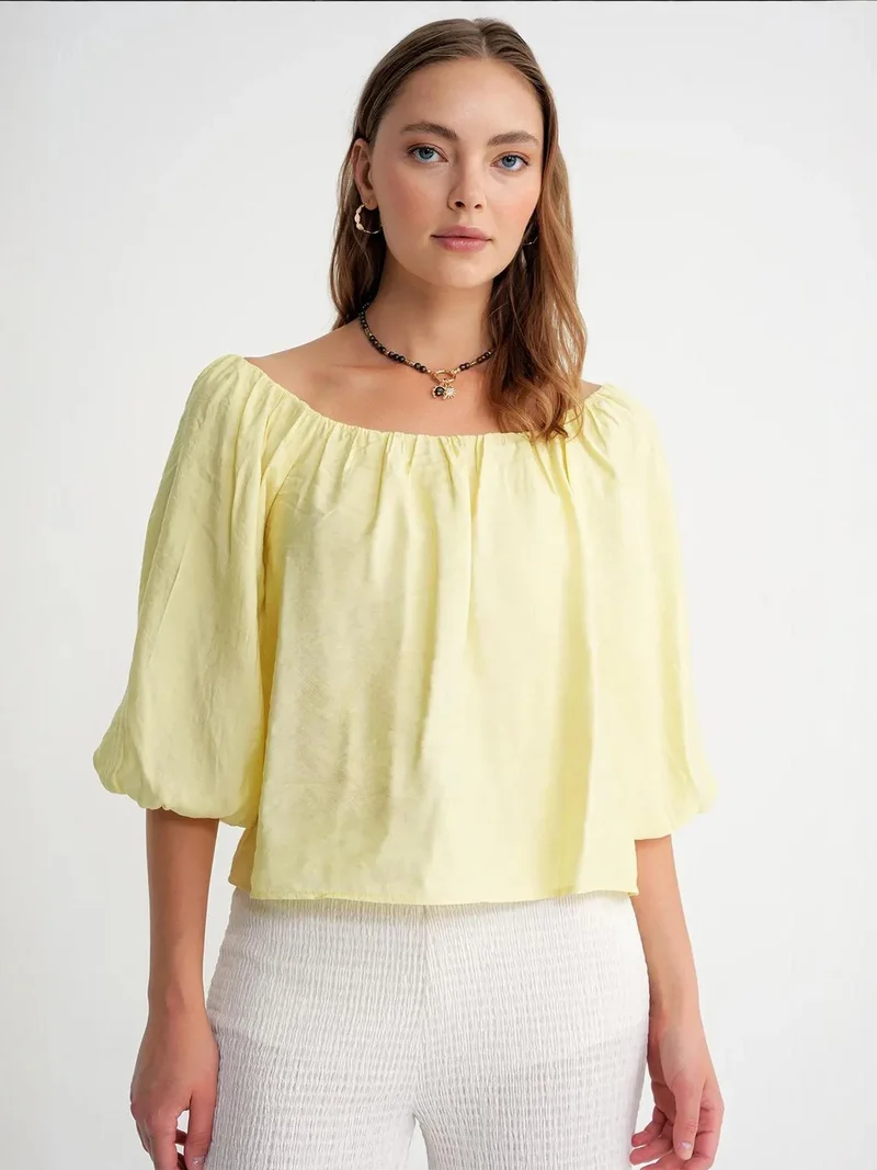 Mixray Lemon Yellow Mixray Modal Blended Blouse with Madonna Collar and Ruffle Detail for Women | Best Price UAE