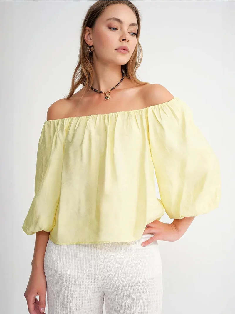 Mixray Lemon Yellow Mixray Modal Blended Blouse with Madonna Collar and Ruffle Detail for Women | Best Price UAE