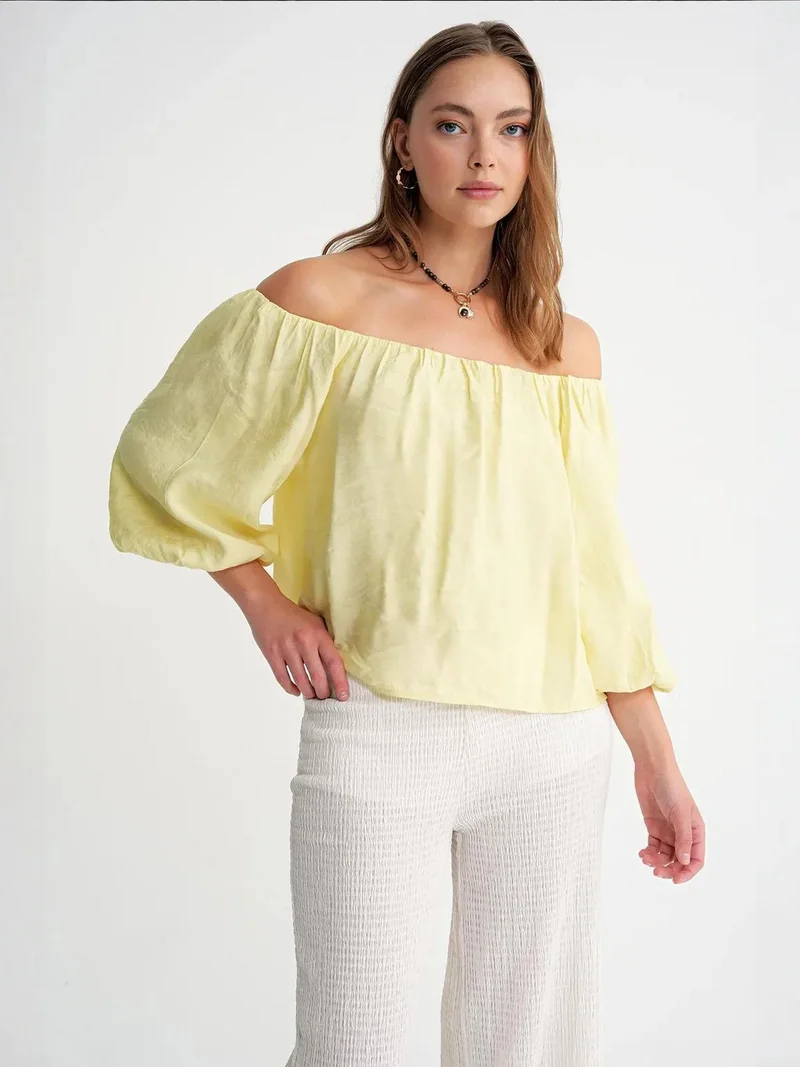 Mixray Lemon Yellow Mixray Modal Blended Blouse with Madonna Collar and Ruffle Detail for Women | Best Price UAE