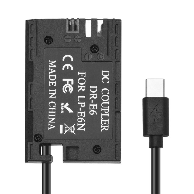 LP-E6 Dummy Battery Black USB-C Coupler - Stable 8.4V 2A Power Supply LP-E6 USB Adapter for Canon EOS R R5 R6 90D 80D 70D 60D 60Da 5D Mark II III IV 6D Mark II 7D Mark II Long Time Video Recording Liv - Image 3