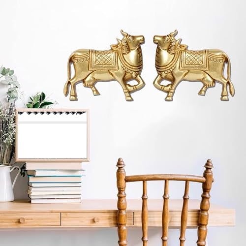 ARTVARKO Brass Kamdhenu Cow Pair Wall Hanging Vastu Gau MATA Idol, Vastu Nandi Pooja Figurine Sculpture Gold Color 5 Inches - Image 1