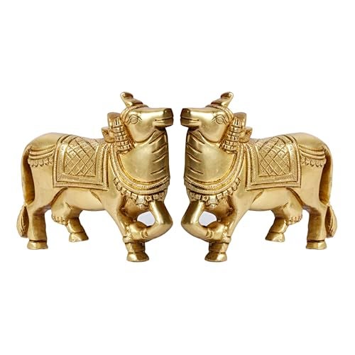ARTVARKO Brass Kamdhenu Cow Pair Wall Hanging Vastu Gau MATA Idol, Vastu Nandi Pooja Figurine Sculpture Gold Color 5 Inches - Image 3