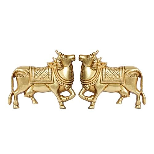 ARTVARKO Brass Kamdhenu Cow Pair Wall Hanging Vastu Gau MATA Idol, Vastu Nandi Pooja Figurine Sculpture Gold Color 5 Inches - Image 2