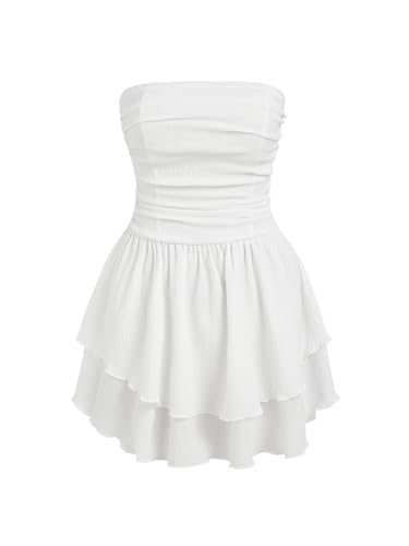 CIDER Women's Summer Cocktail Dress - Tube Ruched Ruffle Mini Dress: White, XXS - Image 1