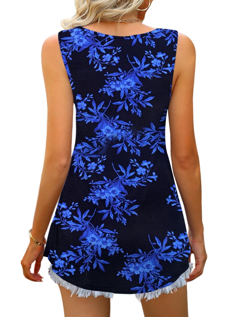 Tencede 2026 Summer Tank Tops for Women Sleeveless V Neck Babydoll Loose Flowy Floral Print Blouse Black Blue Leaves Large - Image 3