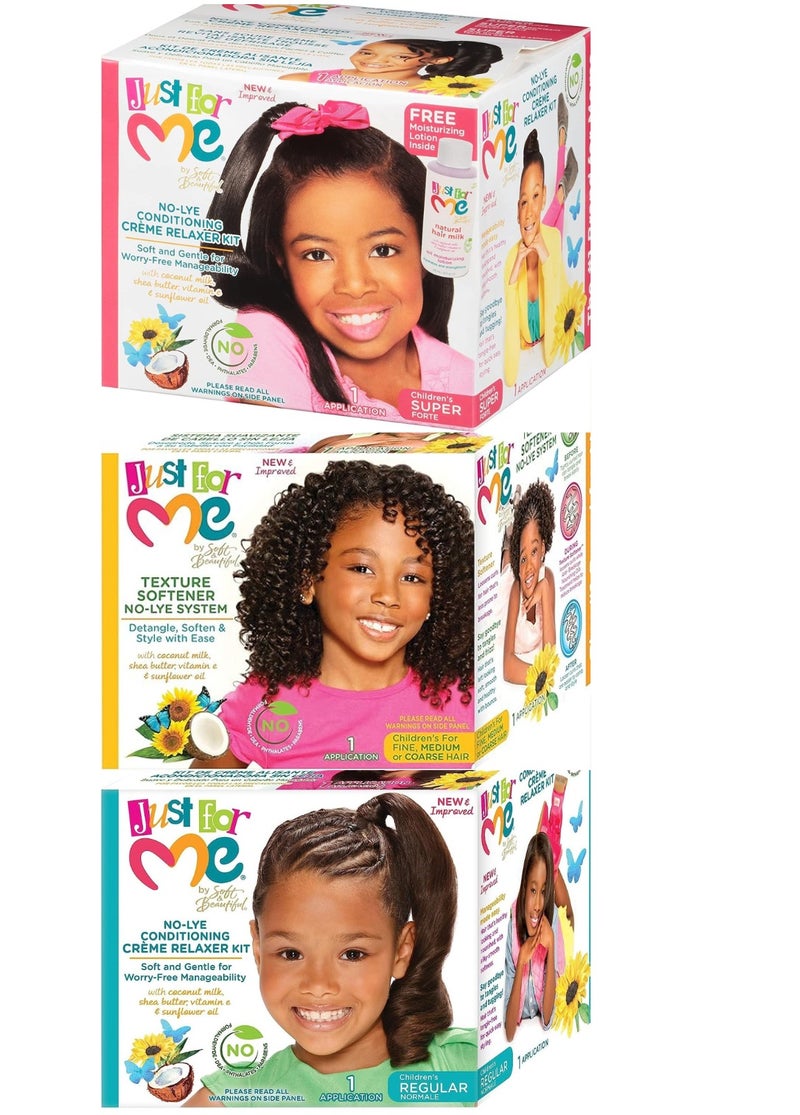 Just For Me Kids No-Lye Hair Care Set – Super Relaxer for Coarse Hair + Texture Softener for Curly Hair + Regular Relaxer for Normal Hair (3 Packs) - Image 1