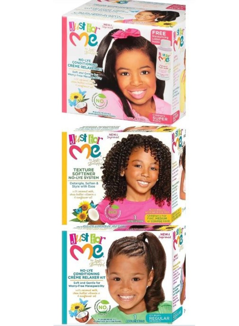 Just For Me Kids No-Lye Hair Care Set – Super Relaxer for Coarse Hair + Texture Softener for Curly Hair + Regular Relaxer for Normal Hair (3 Packs) - Image 2