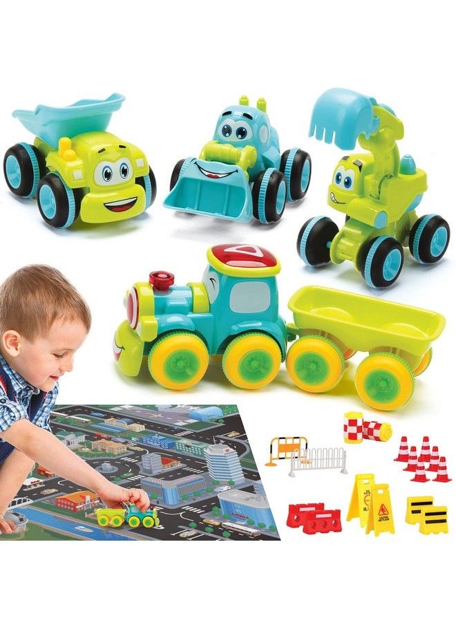 MOBIUS Toys Toys For 3 Year Old Boy 4 Friction Powered Trucks For 3+ Year Old Boys Playmat & 16 Accessories Push & Go Cars Cartoon Construction Vehicle Set Toddler Boys Toys & Toy Trucks Toddler Toys  - Image 1