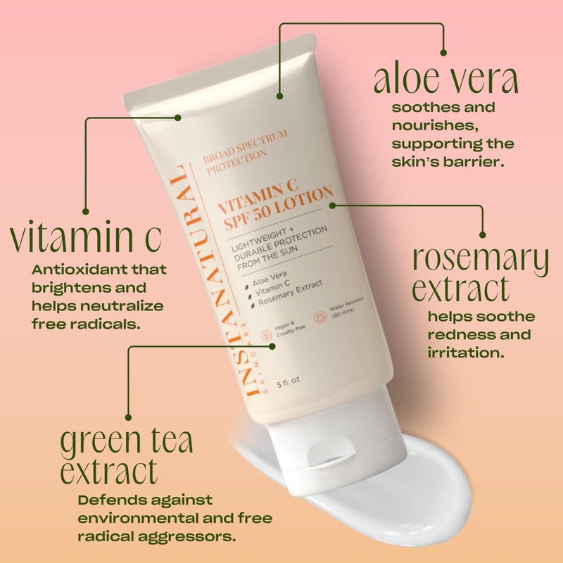 InstaNatural Skin Care Vitamin C SPF 50 Broad Spectrum Sunscreen Lotion, Lightweight, Non-Greasy Moisturizer for Body & Face, UVA, UVB Sunblock, with Aloe Vera & Botanicals, 5 Fl Ounce (Pack of 1) - Image 3