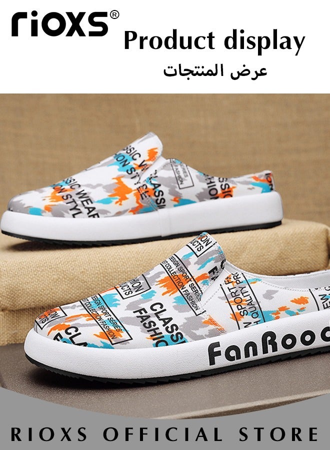 RIOXS Men's Fashion Summer Letter Graffiti Canvas Slippers Breathable Casual Closed Toes Shoes Soft Insole Slip On Shoes - Image 5