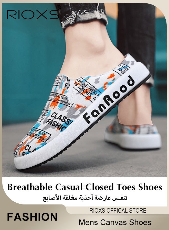 RIOXS Men's Fashion Summer Letter Graffiti Canvas Slippers Breathable Casual Closed Toes Shoes Soft Insole Slip On Shoes - Image 3