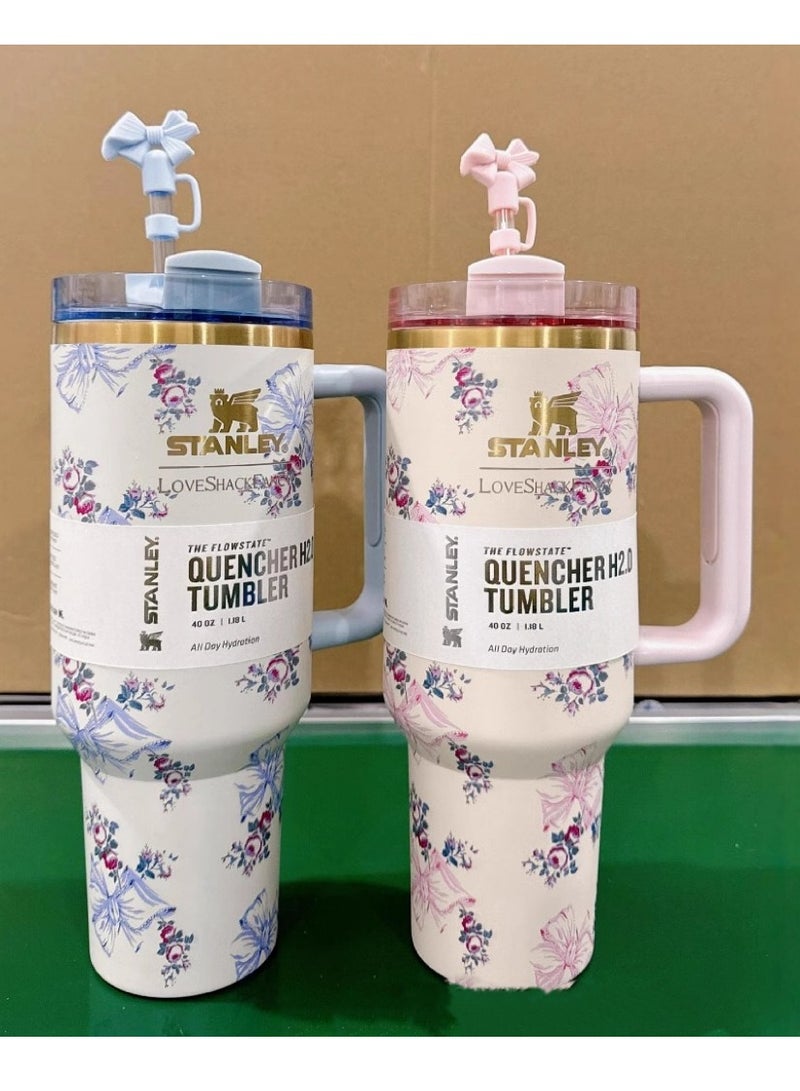 Stanley Quencher H2.0 FlowState Stainless Steel Vacuum Insulated Tumbler with Lid and Straw for Water, Iced Tea or Coffee, Smoothie and More, 40 oz, Pink bow - Image 2