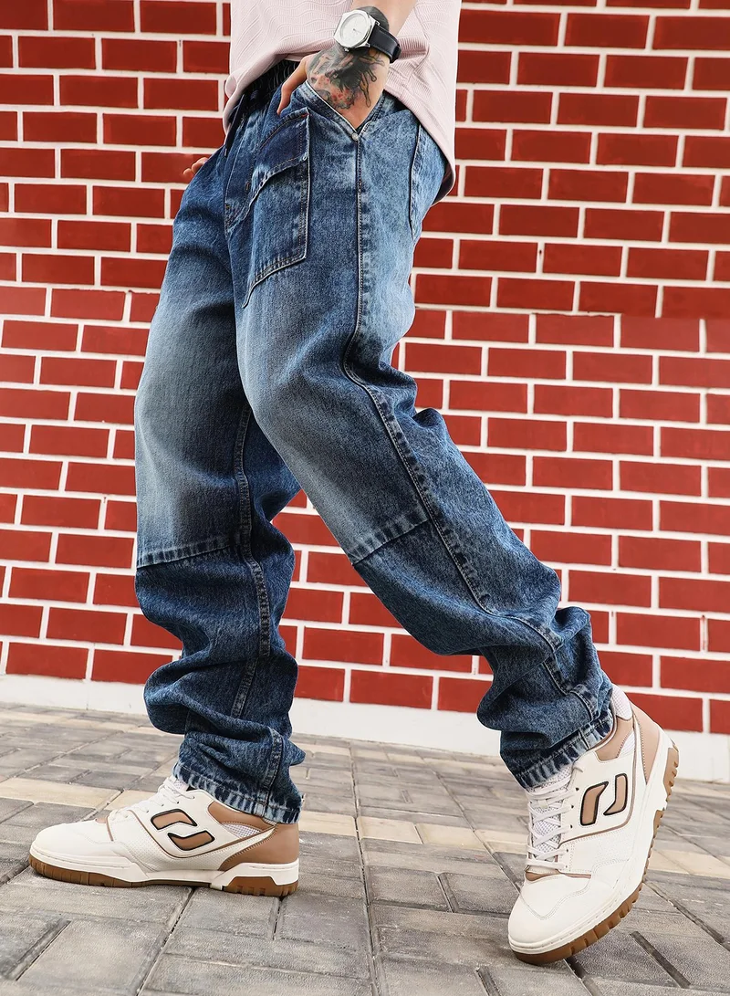 كامبوس سوترا Campus Sutra Men's Indigo Blue Modular-Utility Panelled Denim Jeans | Mid-Rise , Straight Hem , Drawstring Closure , Relaxed-Fit | Solid Denim | Cotton Jeans For Casual Wear