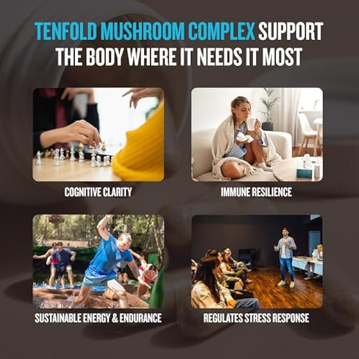 TenFold Organic Mushroom Complex – 2000mg Lion's Mane, Reishi & 10-Mushroom Blend – Nootropic Brain Support, Natural Energy, Immune Function – 60 Vegan Capsules - Image 3