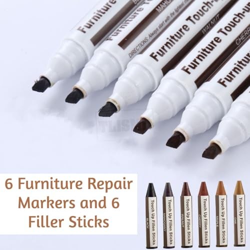 TLISMI 12Pcs Furniture Repair Touch Up Marker Set with Sharpener | Carpenters Bedposts Chisel Tip Wooden Repair Scratch- Markers and Wax Sticks for Stains, Wood Floors, Cover Ups, Desks & Tables - Image 2