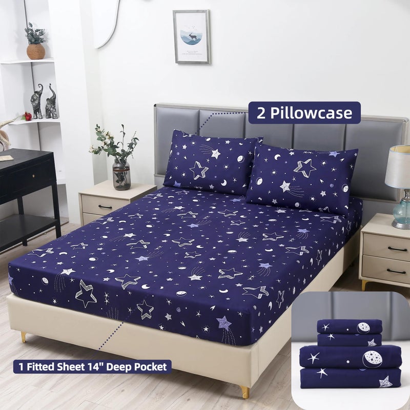 MAG 3pcs Purple Star Queen Bed Sheet,Space Microfiber Bedding Sheet Set,Galaxy Bedding Set with 1 Fitted and 2 Pillowcases,14 Inches Deep (Purple and White, Queen) - Image 2