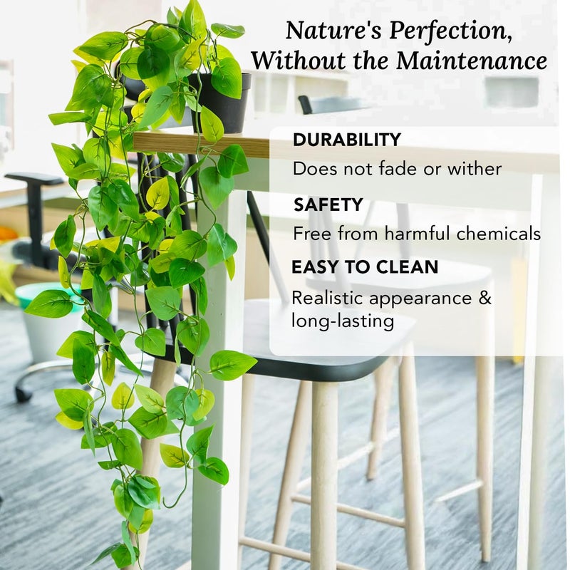 Ekhasa Golden Pothos Hanging Artificial Plants with Pot Set of 2 Money Plant Artificial Hanging Plants for Home Decor Falling Creepers Climbers Green Fake Vines with Hanging Pots Devils Ivy - Image 5