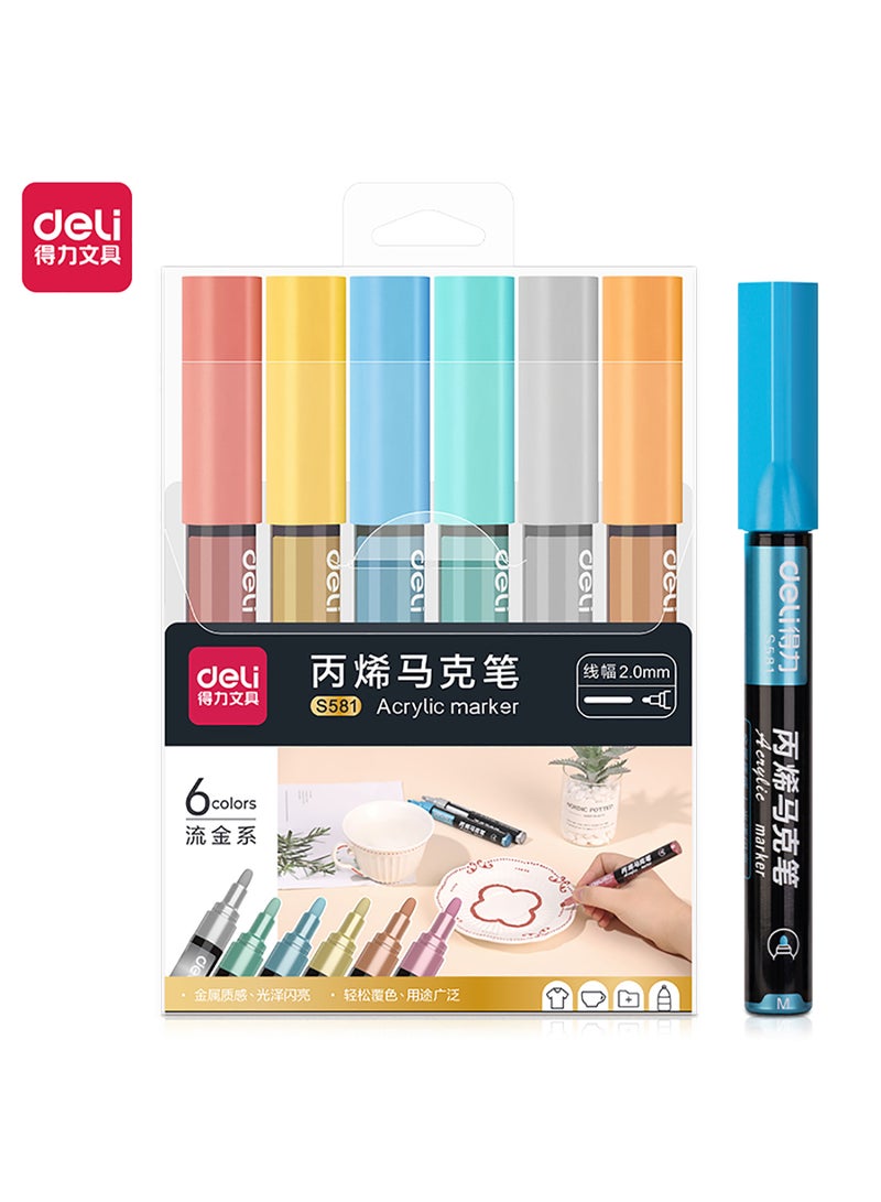 Deli Acrylic Marker Pen Set 2 mm , Waterproof ink , for Drawing on Glass , Ceramics , Pack of 6 Colors  - Image 1