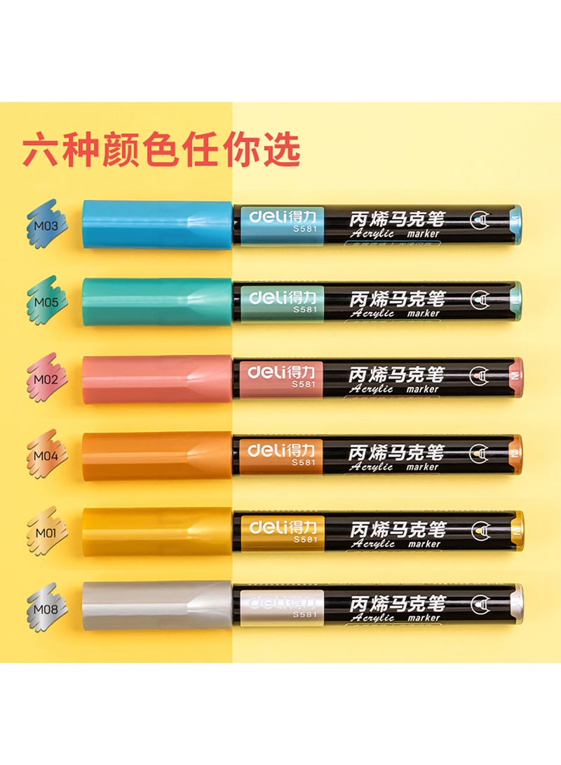 Deli Acrylic Marker Pen Set 2 mm , Waterproof ink , for Drawing on Glass , Ceramics , Pack of 6 Colors  - Image 3