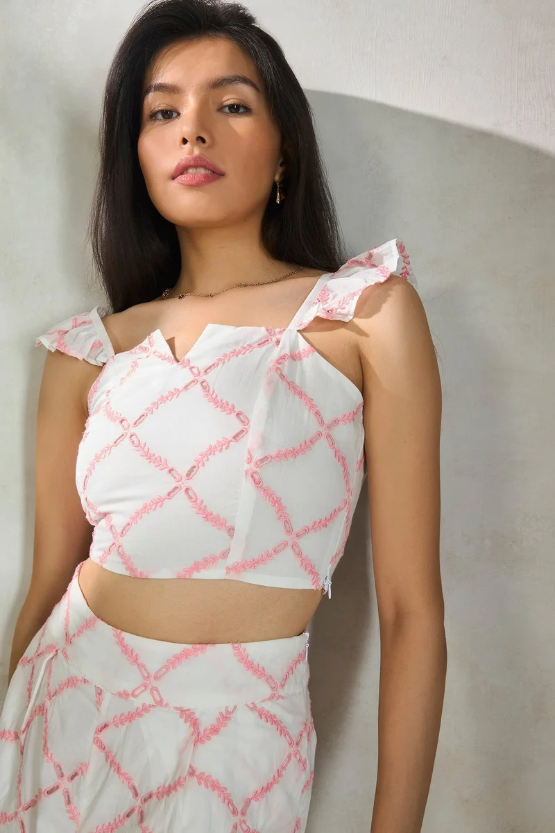 Virgio Cotton Contrast Schiffli Brunchwear Tops for Women