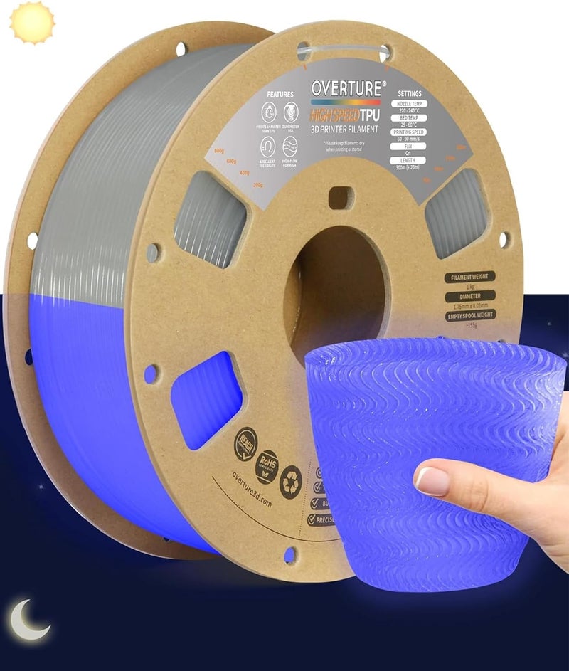 OVERTURE TPU High Speed Filament 1.75mm Flexible Roll, 95A Soft 3D Printer Filament, 1kg Spool (2.2 lbs), Fit Most FDM Printer (HS TPU Luminous Electric Indigo) - Image 1