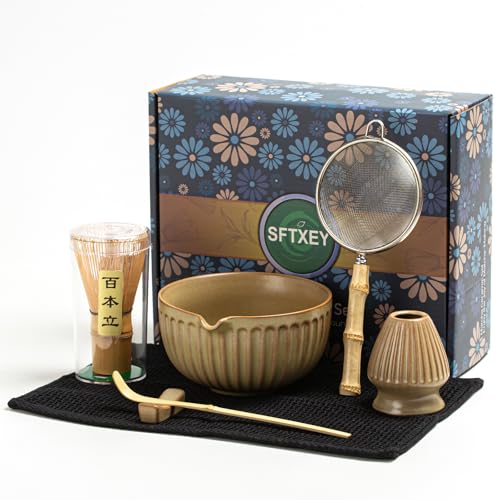 SFTXEY Matcha Whisk Set Matcha Set Includes Ceramic Matcha Bowl Matcha Whisk and Holder Bamboo Scoop Sifter Scoop Rest and Tea Towel 7 Pcs Matcha Making Kit for Matcha Lover and Tea Ceremony - Image 1