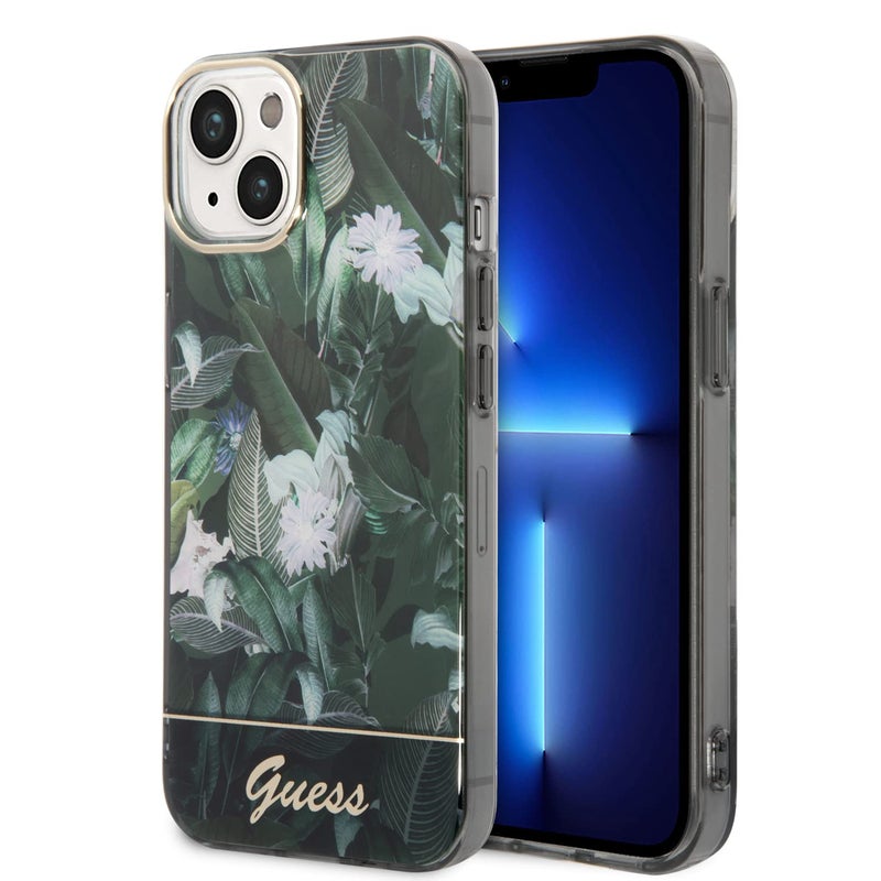CG Mobile Guess PCTPU IML Case with Double Layer Electroplated Camera Outline  Jungle Design iPhone 14 Plus Compatibility  Green