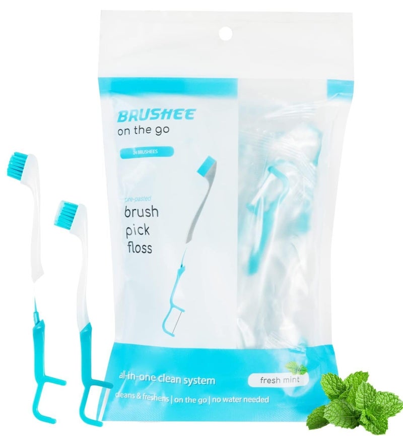 Brushee - The Evolution of Oral Care | 3-in-1 Tool (Pre-Pasted Mini-Brush + Floss + Pick) | Individually Wrapped | Disposable | Prepasted Travel Toothbrushes | Small Adult Toothbrush - (120-Pack) - Image 1