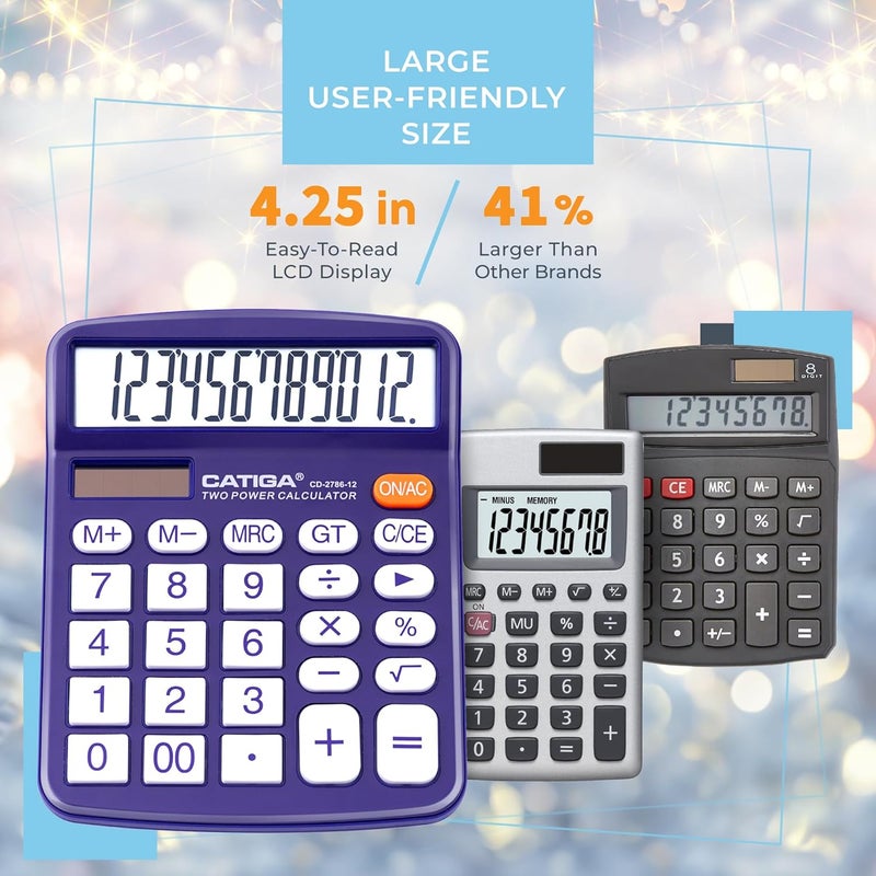 CATIGA Desktop Calculator 12 Digit with Large LCD Display and Sensitive Button, Solar and Battery Dual Power, Standard Function for Office, Home, School, CD-2786 (Purple) - Image 3