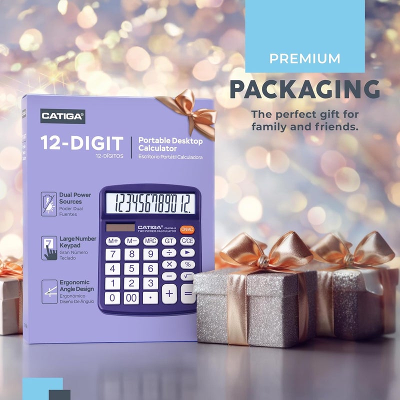 CATIGA Desktop Calculator 12 Digit with Large LCD Display and Sensitive Button, Solar and Battery Dual Power, Standard Function for Office, Home, School, CD-2786 (Purple) - Image 2