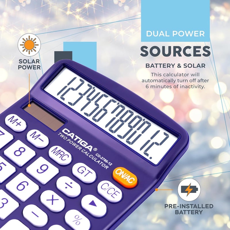 CATIGA Desktop Calculator 12 Digit with Large LCD Display and Sensitive Button, Solar and Battery Dual Power, Standard Function for Office, Home, School, CD-2786 (Purple) - Image 5