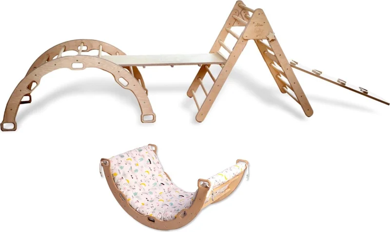 Kidoppo Pikler Climbing Set Montessori Full Set and Pillow | Full Set Activity Center + Flamingo Patterned Pillow