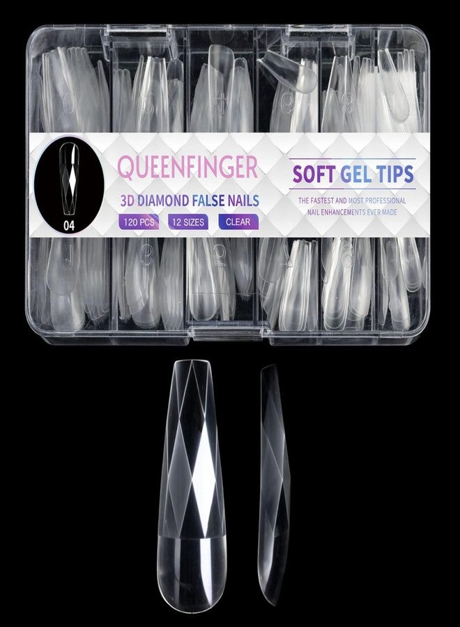 QUEENFINGER Soft Gel Nail Tips, 120pcs 3D Diamond-Shaped Fake Nails Extension, 12 Sizes Full Cover Clear Press-On Tip, Natural Rhombus Lattice (Clear Diamond, 04) - Image 1