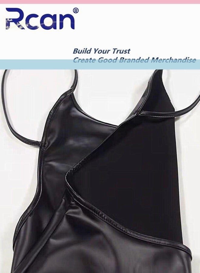 Rcan فستان قصير بحمالات بدون ظهر للحفلات النسائية من Babydolls بدون أكمام وتنورة جلدية قصيرة باللون الأسود - Image 4