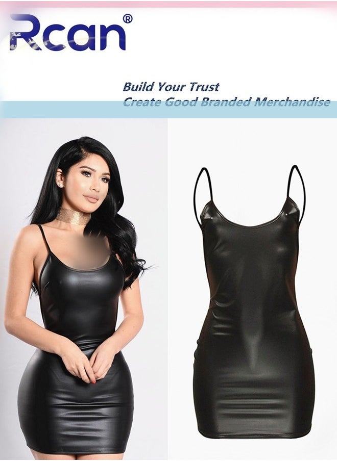 Rcan - Tight Party Backless Suspender Mini Dress for Women's Babydolls Sleeveless Cropped Leather Skirt Black - Image 1