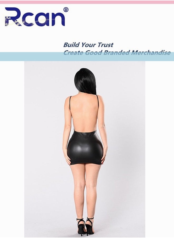 Rcan - Tight Party Backless Suspender Mini Dress for Women's Babydolls Sleeveless Cropped Leather Skirt Black - Image 1