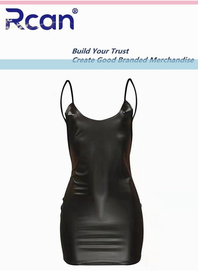 Rcan - Tight Party Backless Suspender Mini Dress for Women's Babydolls Sleeveless Cropped Leather Skirt Black - Image 1