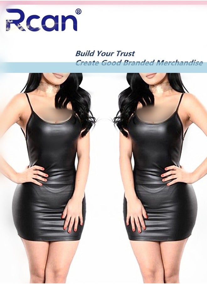 Rcan - Tight Party Backless Suspender Mini Dress for Women's Babydolls Sleeveless Cropped Leather Skirt Black - Image 1