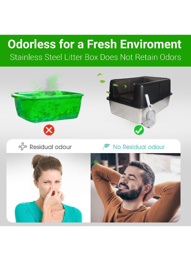 ماماتونس صندوق قمامة قطط من الفولاذ المقاوم للصدأ مقاس XXL مع حماية إضافية عالية من الرذاذ ووسادة قدم مضادة للتتبع ومغرفة، صندوق قمامة مفتوح للقطط غير لاصق ومقاوم للصدأ وخالي من الروائح 60 × 40 × 30 سم - Image 4